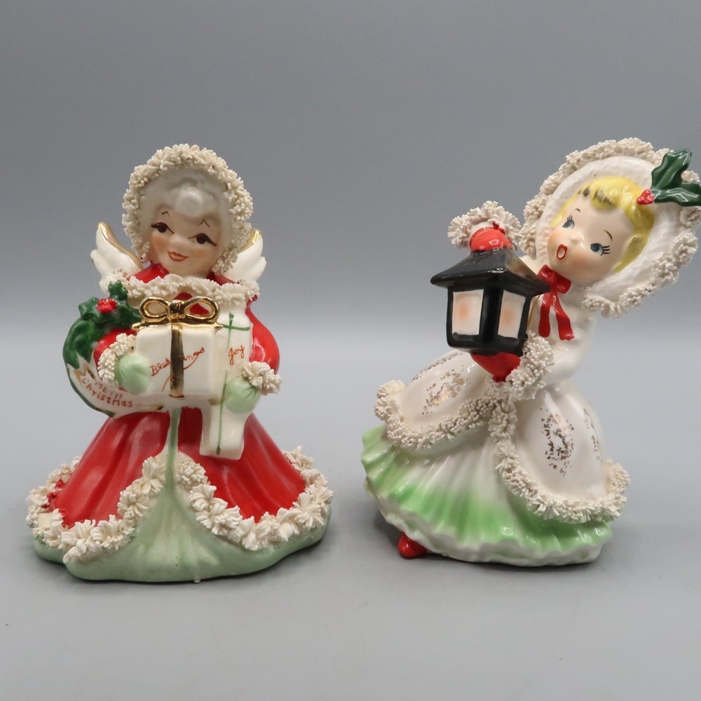 Vintage NAPCO Christmas Ceramic Spaghetti Trim Lady Angel‎ Lot of 2 1950s